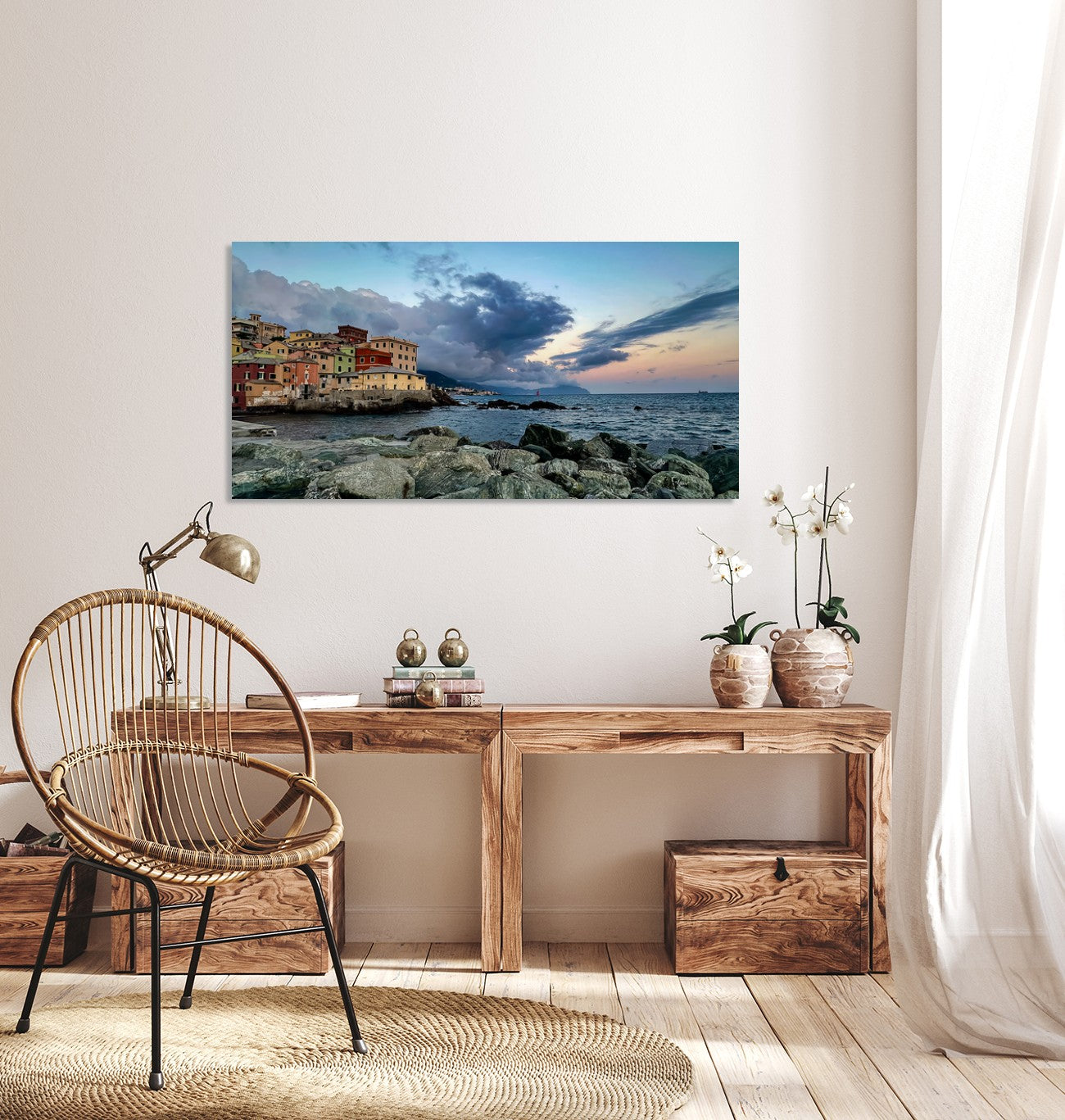 Fine art Italy coastal landscape print displayed in a warm neutral living room