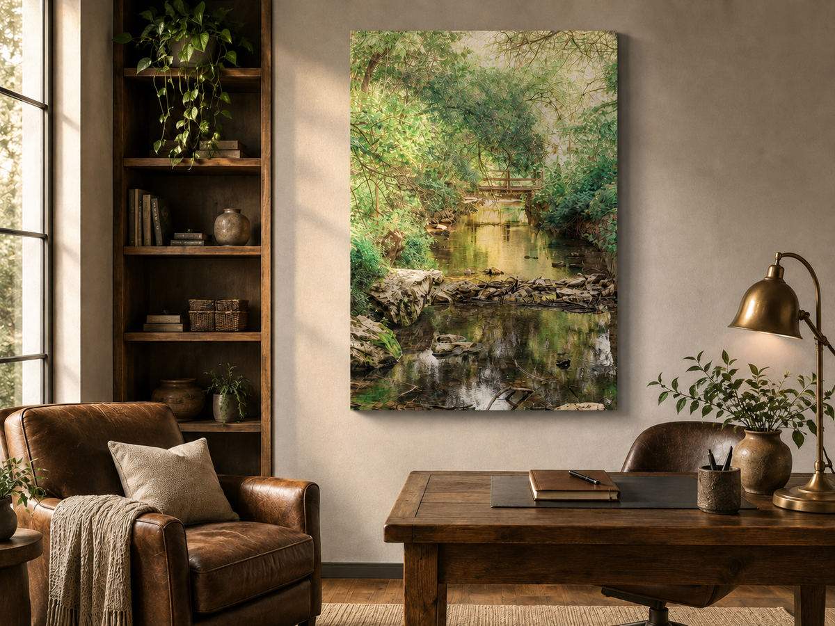Brushed metal wall art mockup of Slow Current by Preiss Photography displayed in a comfortable office, showing a sunlit creek with lush greenery, reflective water, and subtle light catching the metal surface.