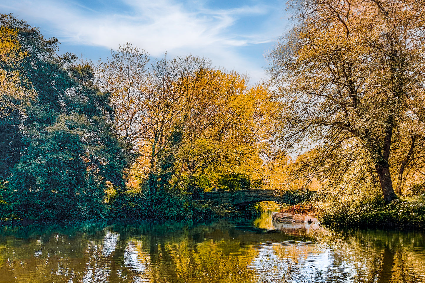 Stone bridge over calm reflective water in Dublin, Ireland, surrounded by trees and soft natural light.