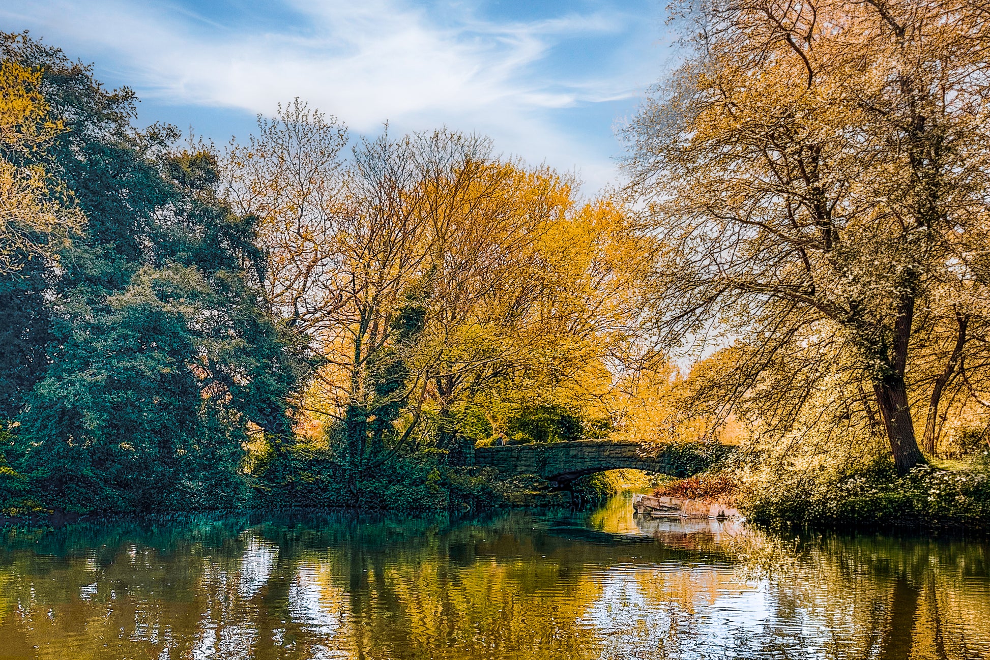 Stone bridge over calm reflective water in Dublin, Ireland, surrounded by trees and soft natural light.